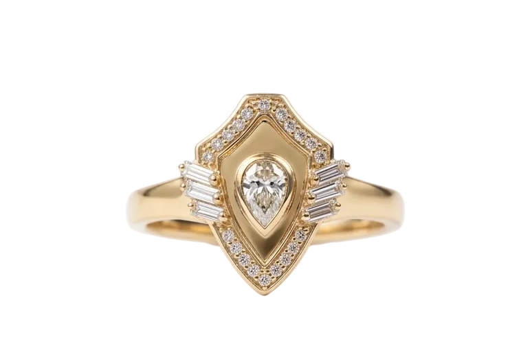 Golden -Shield Ring-Pear Cut Pave in diamonds -Yellow gold - Charmaleena Jewellery - Diamond Jewellery - Golden