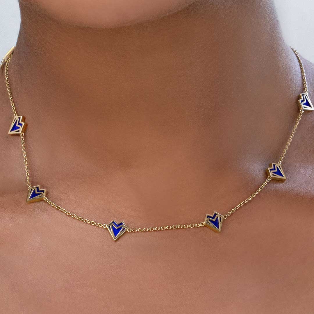 My Heart-6 Hearts-Necklace-Without Diamonds-Lapis - Yellow Gold