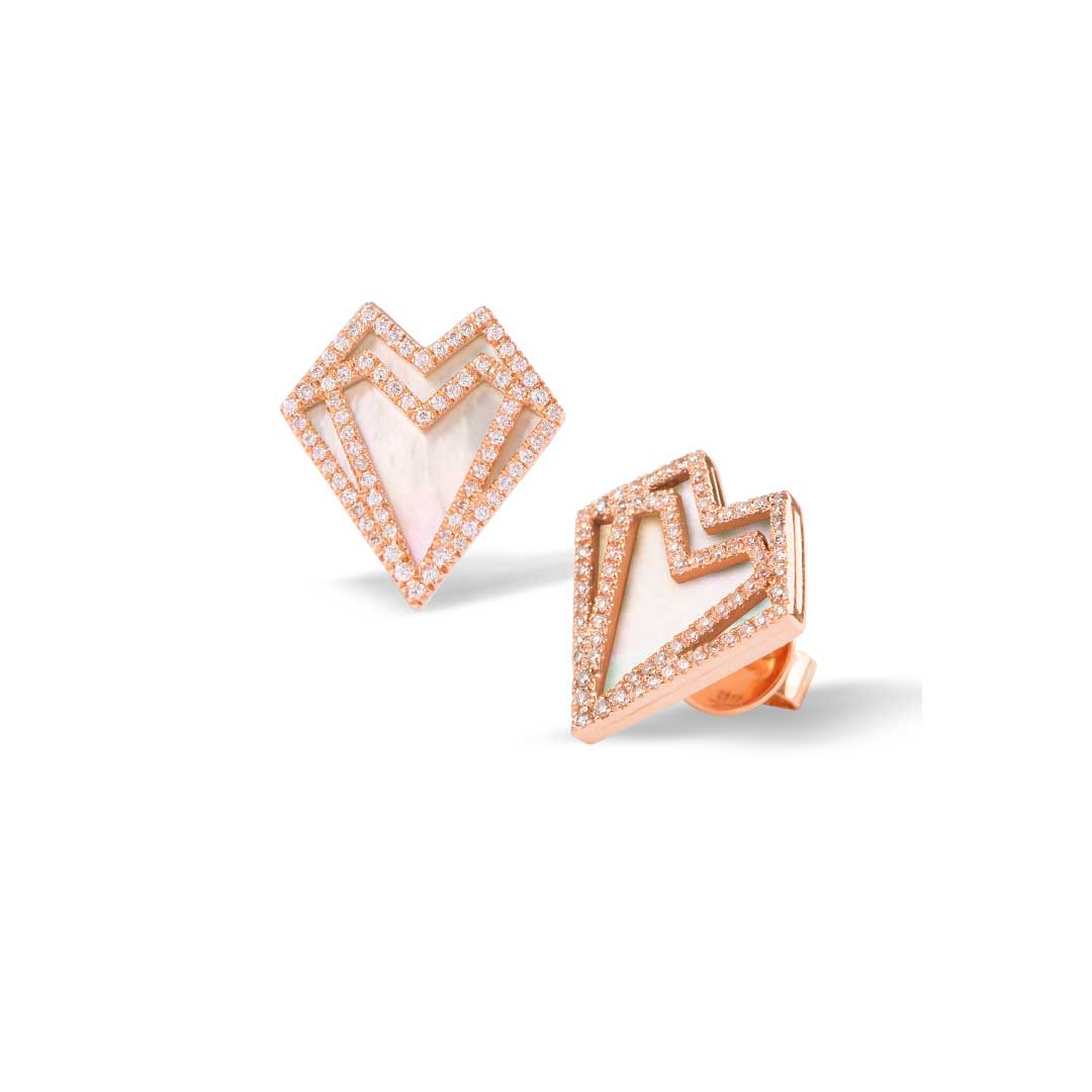 My Heart-Earrings-Outlined Diamonds-White Mother of Pearl - Rose Gold