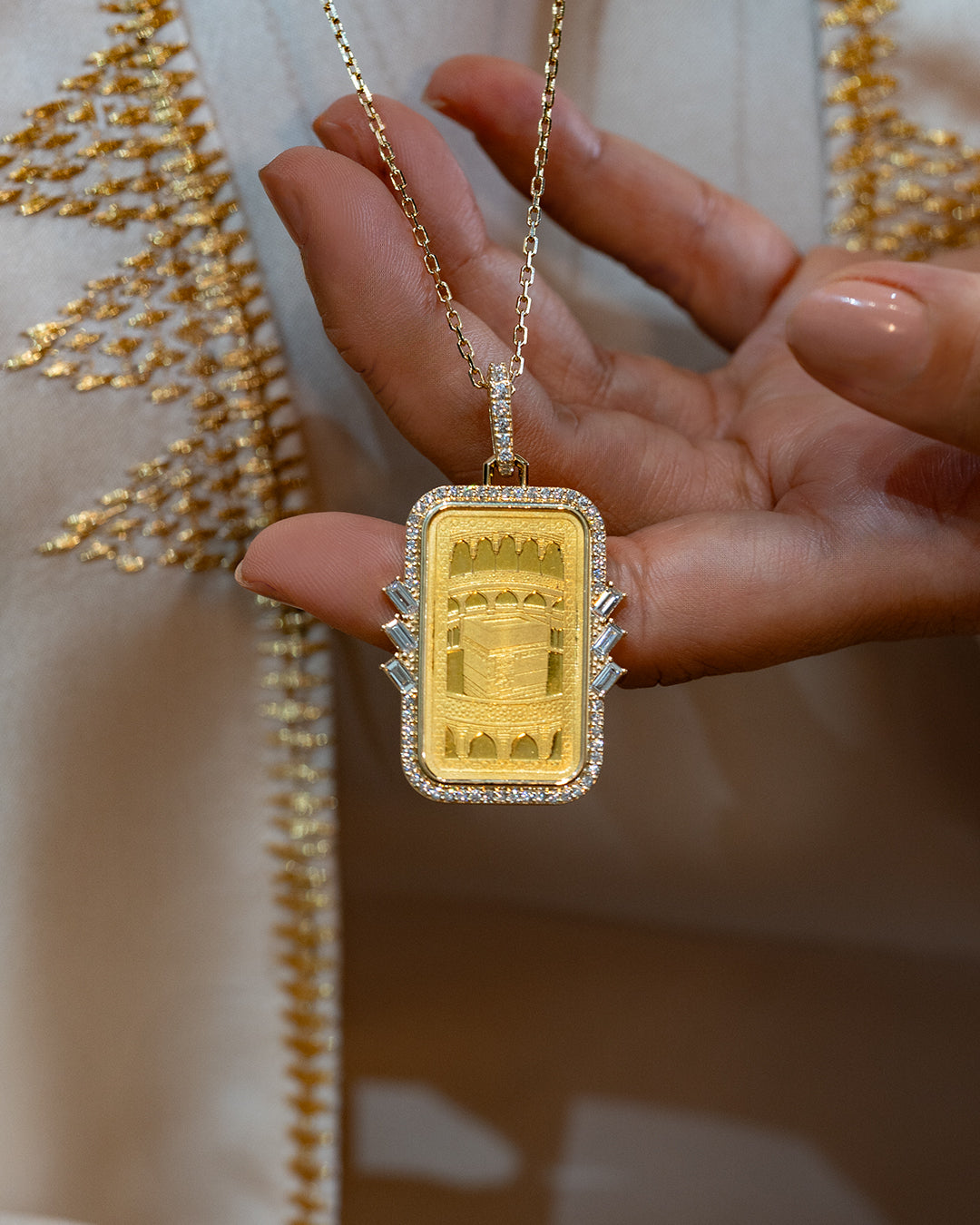 Tales & Treasures- 24K - Kaaba Gold Bar Pendant - 6 Baguettes