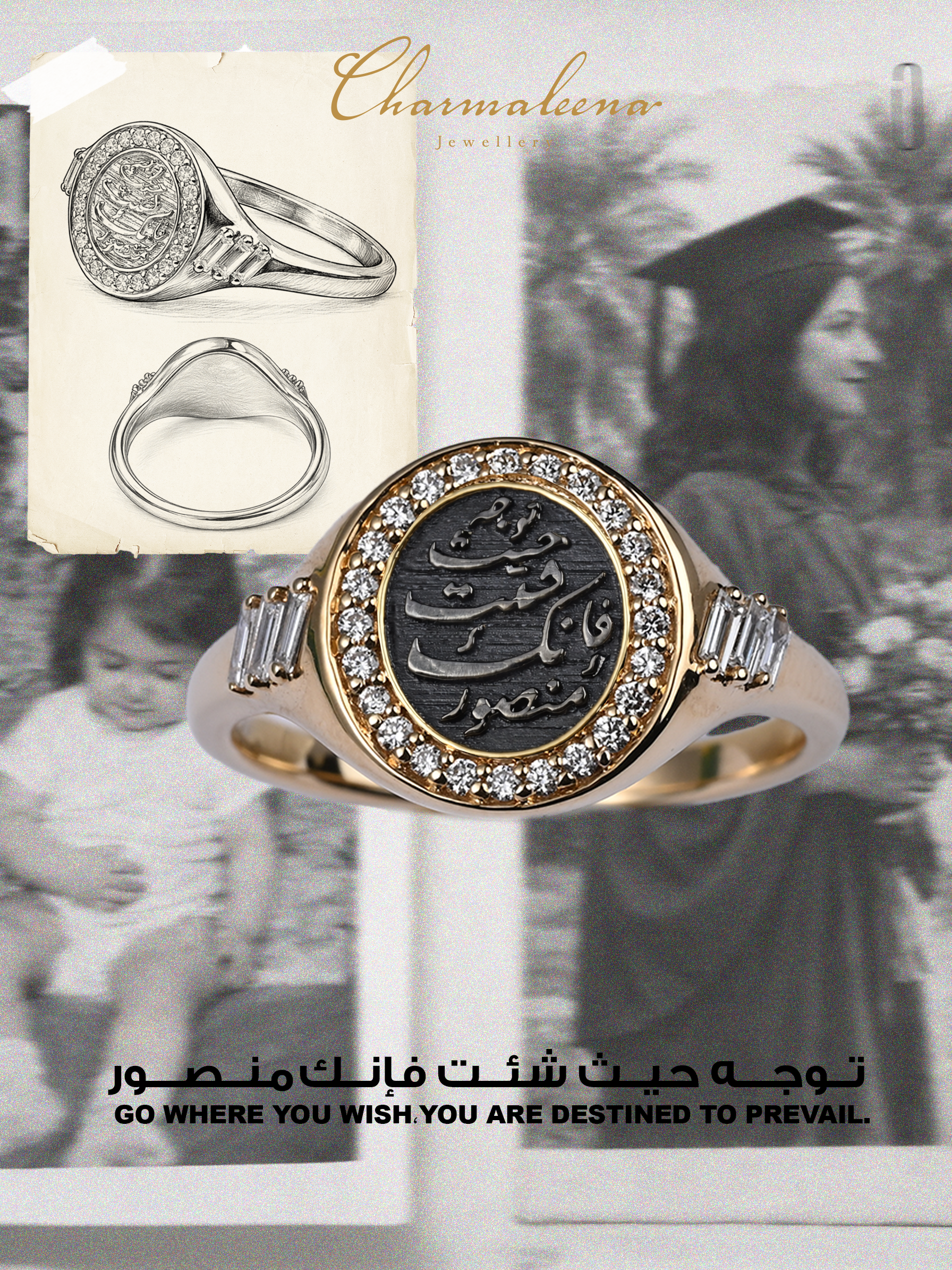 Golden - Custom Signet Ring - Paved - Yellow Gold - Charmaleena Jewellery - Diamond Jewellery - Golden