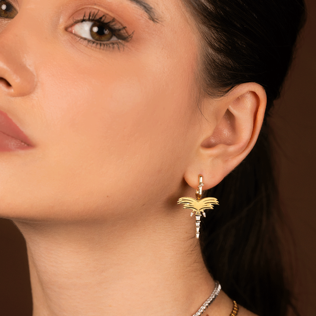 Golden Palm Earrings -Pave in Diamonds -Yellow gold