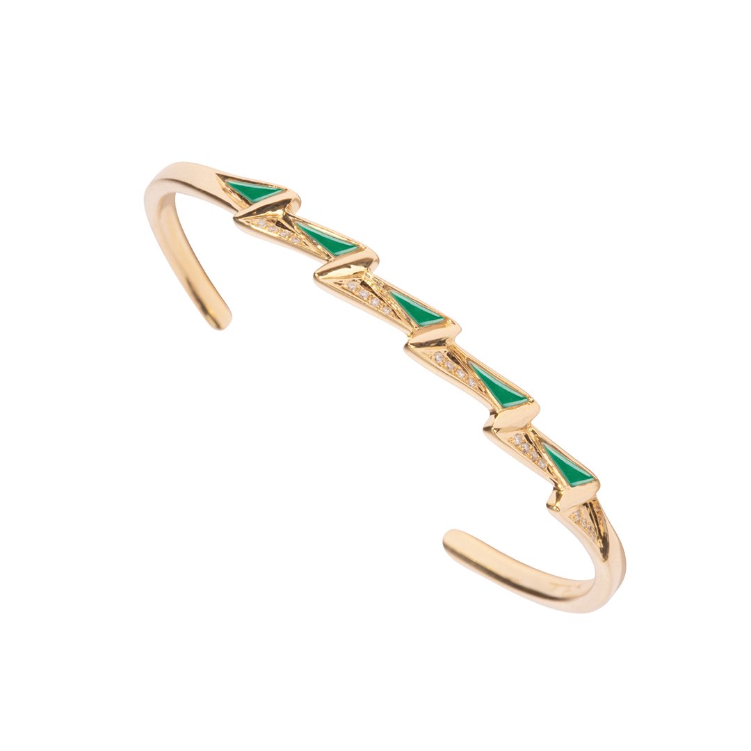 Energy Cuff Bracelet Green Agate Framed In Diamonds Yellow Gold