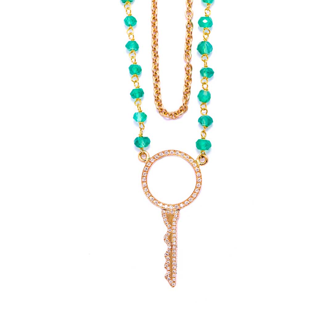 Key To My Heart Double Chain Necklace Emeralds Yellow Gold
