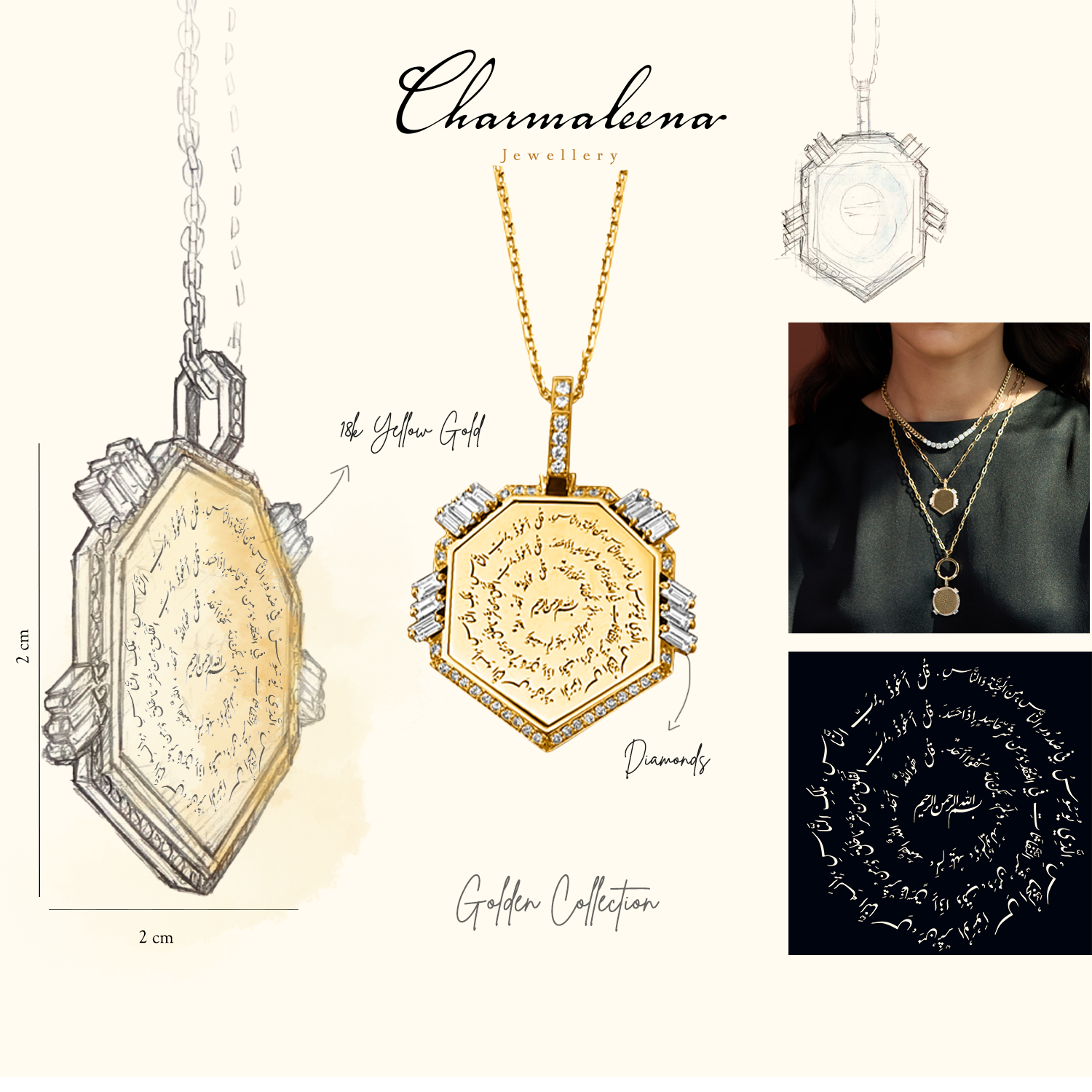 Golden - Geometric Pendant - Almouzat - Paved- Yellow - Charmaleena Jewellery - Diamond Jewellery - Golden