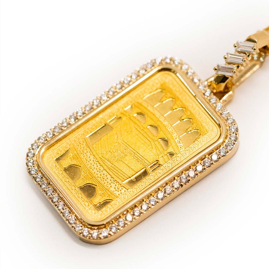 Tales & Treasures- 24K - Kaaba Gold Bar Pendant - 3 Baguettes - Charmaleena Jewellery - Diamond Jewellery - Tales & Treasures