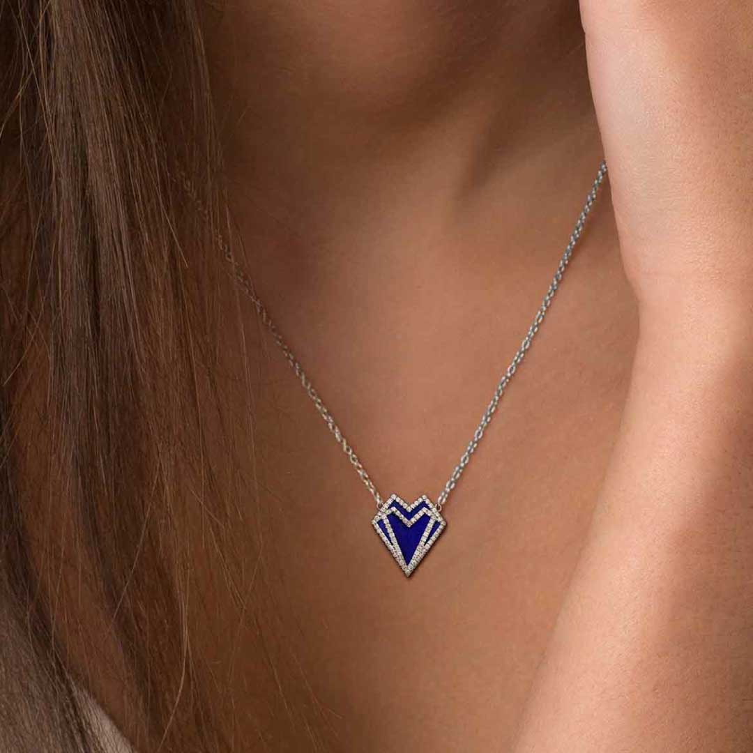 My Heart-Necklace-Outlined Diamonds-Lapis - White Gold