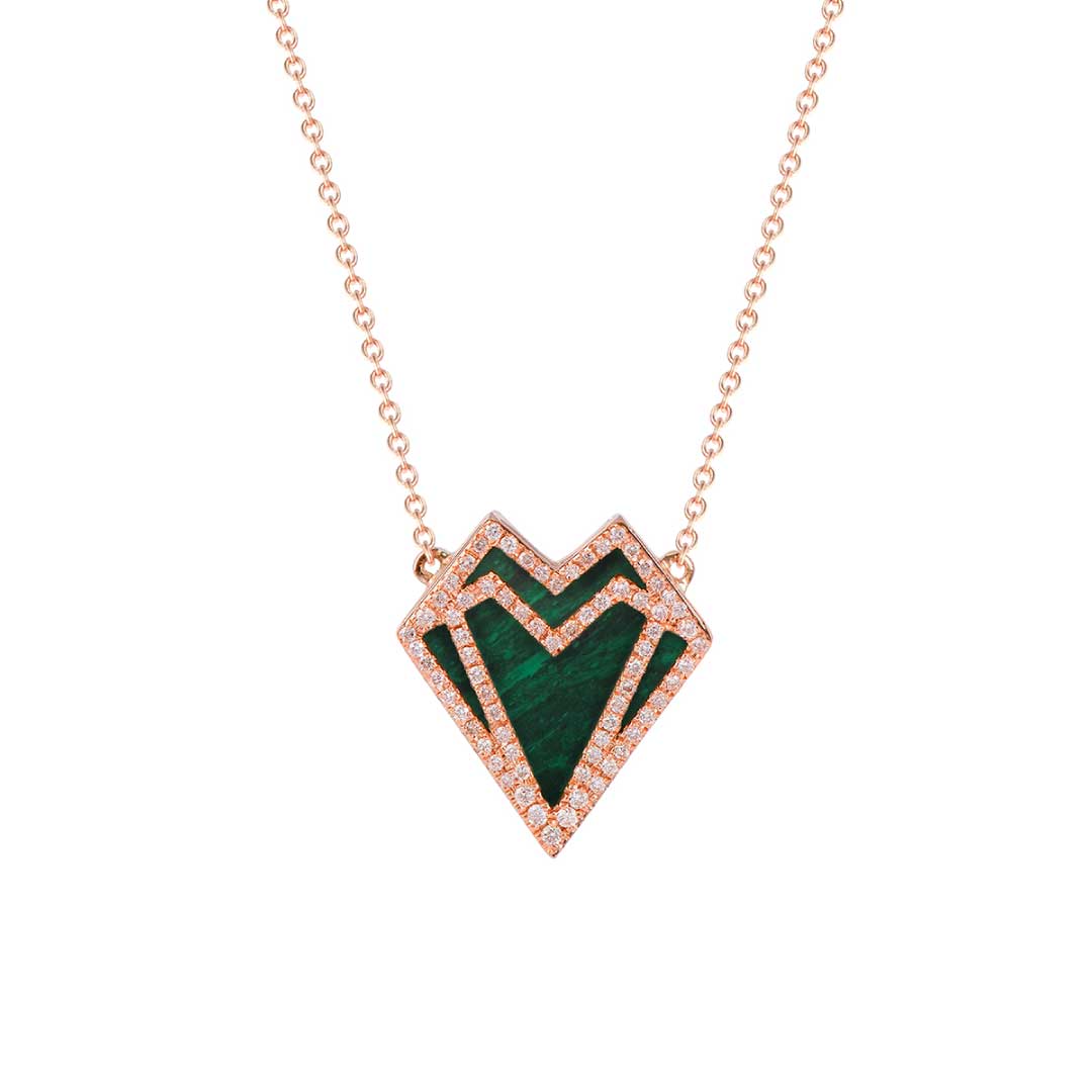 My Heart-Necklace-Outlined Diamonds-Malachite - Rose Gold