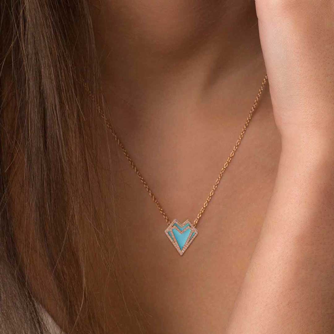 My Heart-Necklace-Outlined Diamonds-Turquoise - Yellow Gold