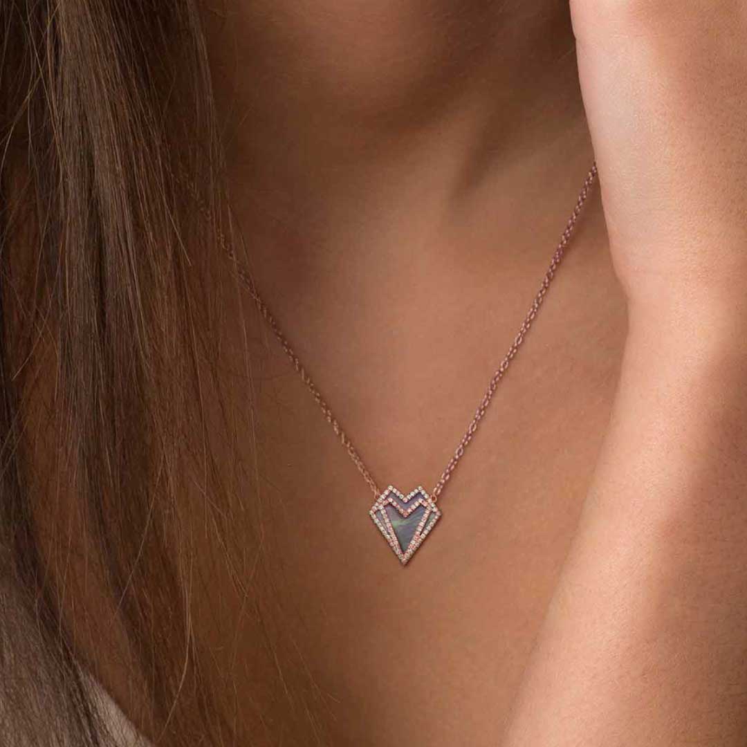 My Heart-Necklace-Outlined Diamonds-Grey Mother of Pearl - Rose Gold