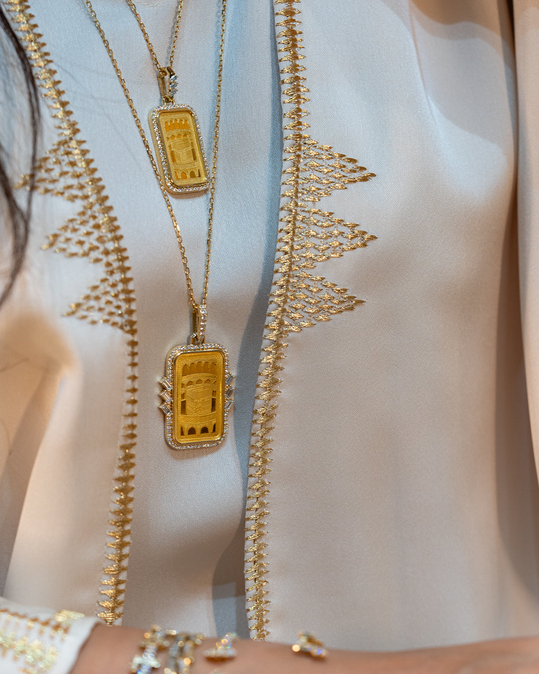 Tales & Treasures- 24K - Kaaba Gold Bar Pendant - 3 Baguettes