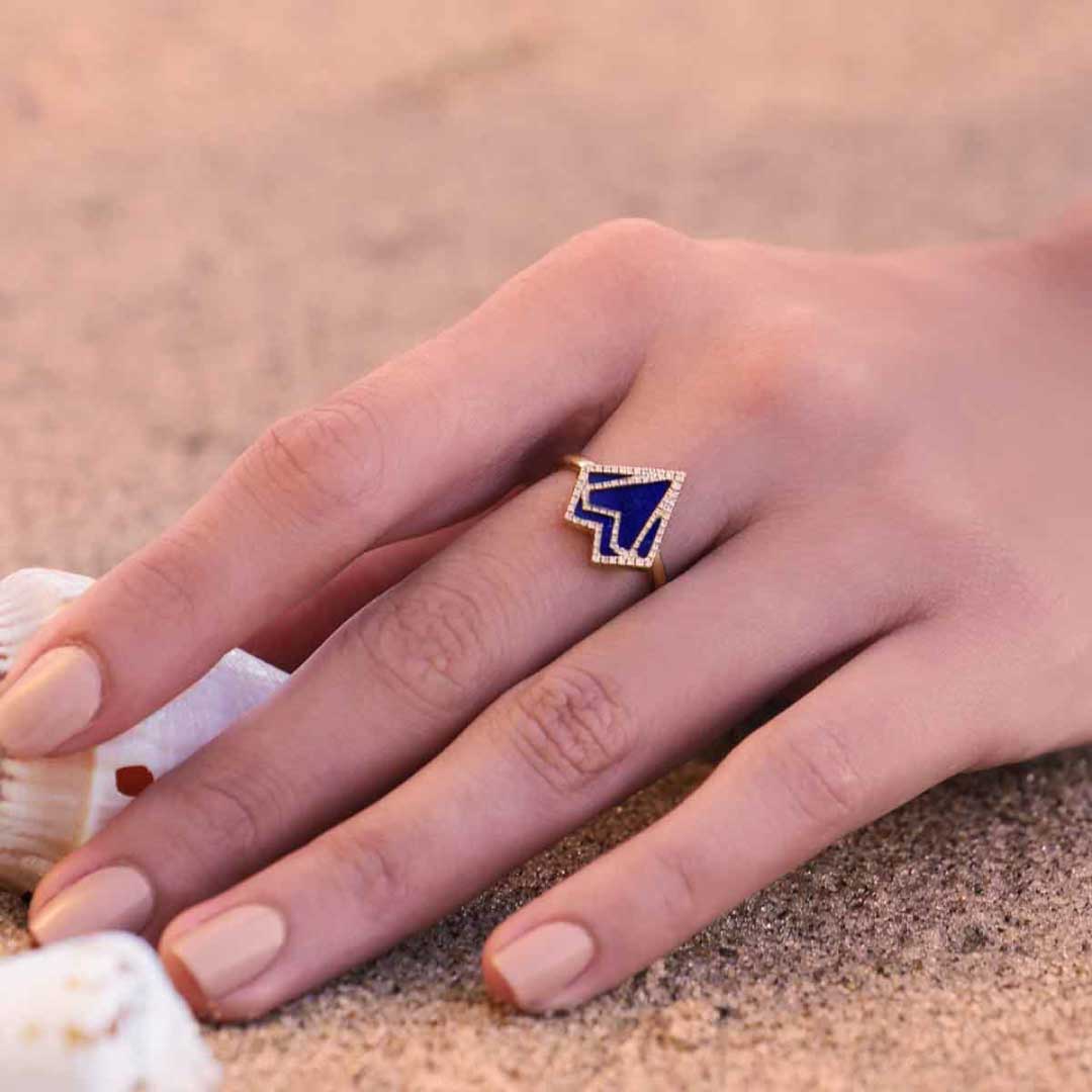 My Heart-Ring-Outlined Diamonds-Lapis - Yellow Gold