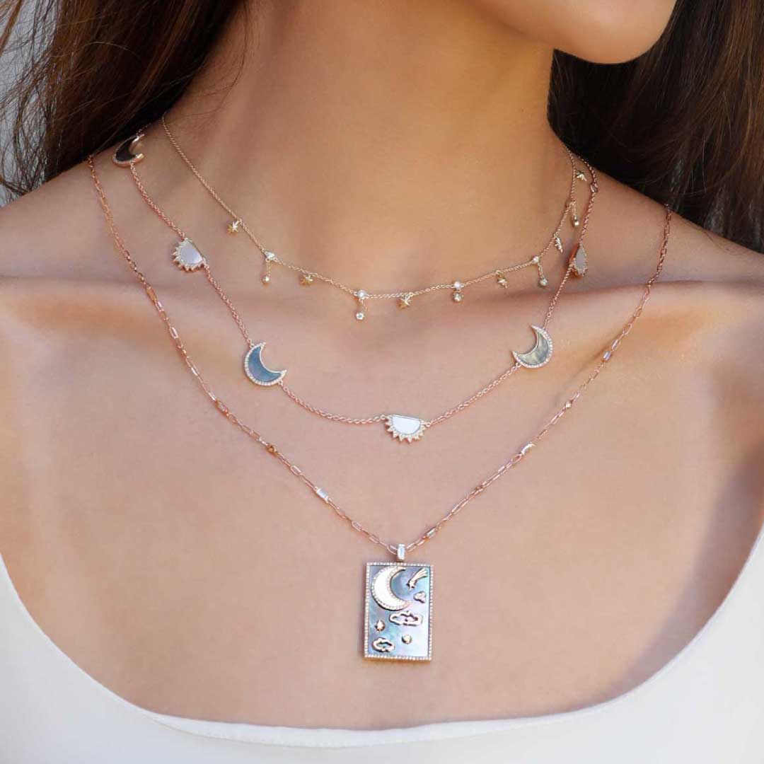 My Sky Sun & Moon Necklace, White & Grey Mother Of Pearl Rose Gold