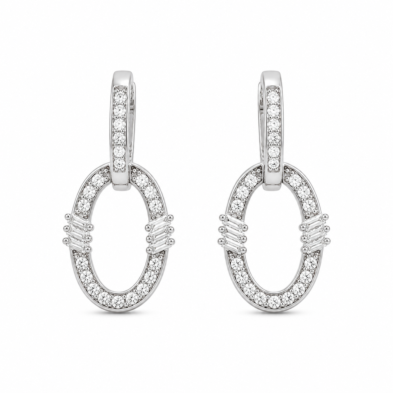 Golden Oval-Hoop Earrings -Pave in Diamonds (White Gold)