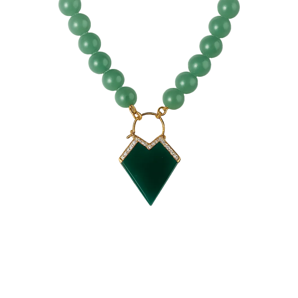 My Heart - Beaded Locket Necklace - Green Agate - Outlined Diamonds - Yellow