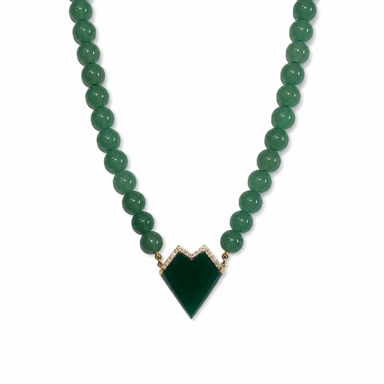 My Heart - Beaded Necklace - Green Agate - Outlined Diamonds - yellow