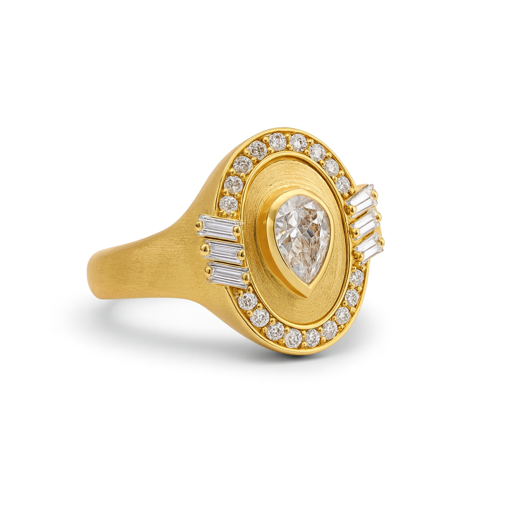 Golden - Oval Ring -Diamond- Paved- Yellow