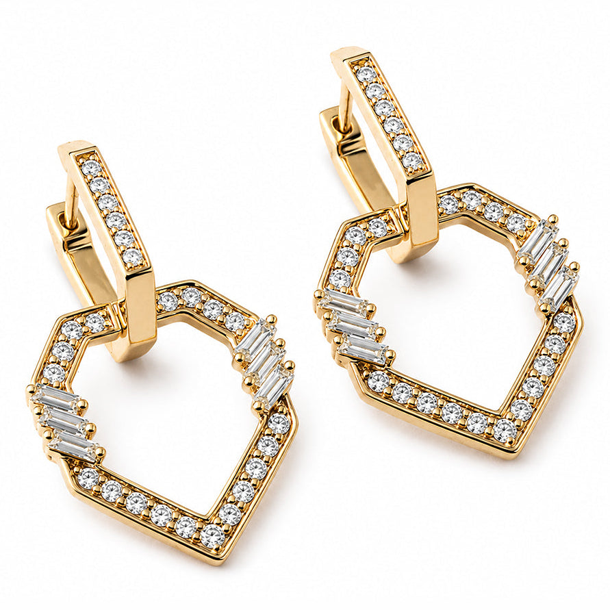 Golden - Geometric Hoop Earrings -Pave in Diamonds - Yellow Gold