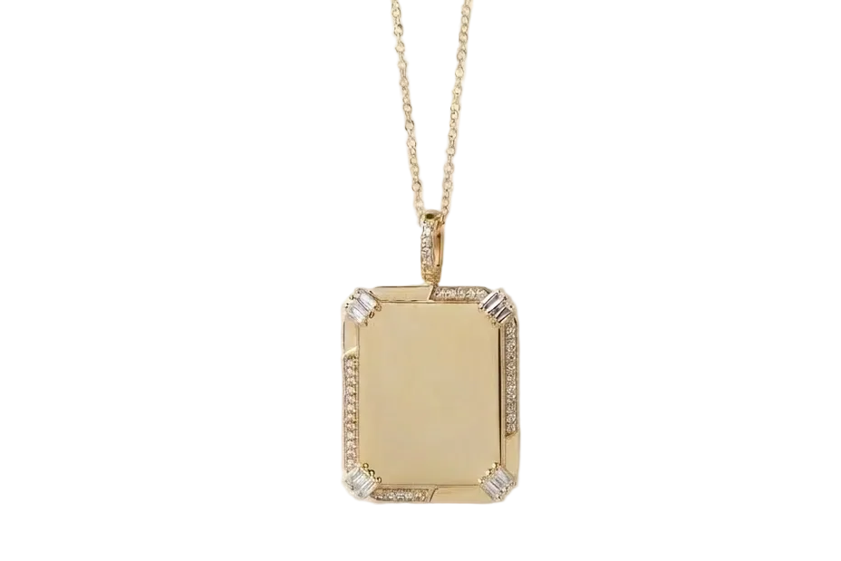 Gold necklace with a rectangular pendant on a white background
