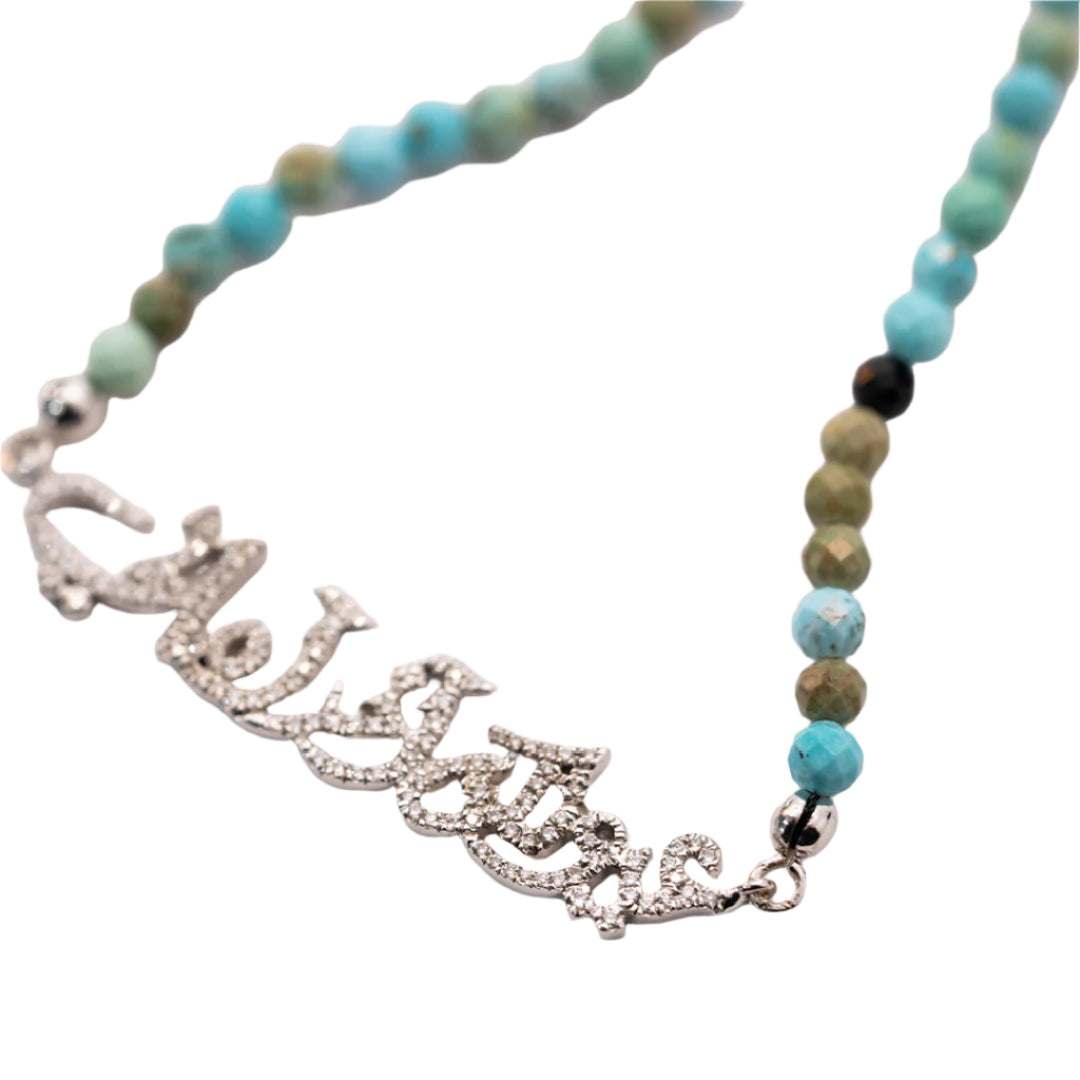Ca-Love-Graphy - Poem Beaded Necklace - Turquoise Green - Paved - White