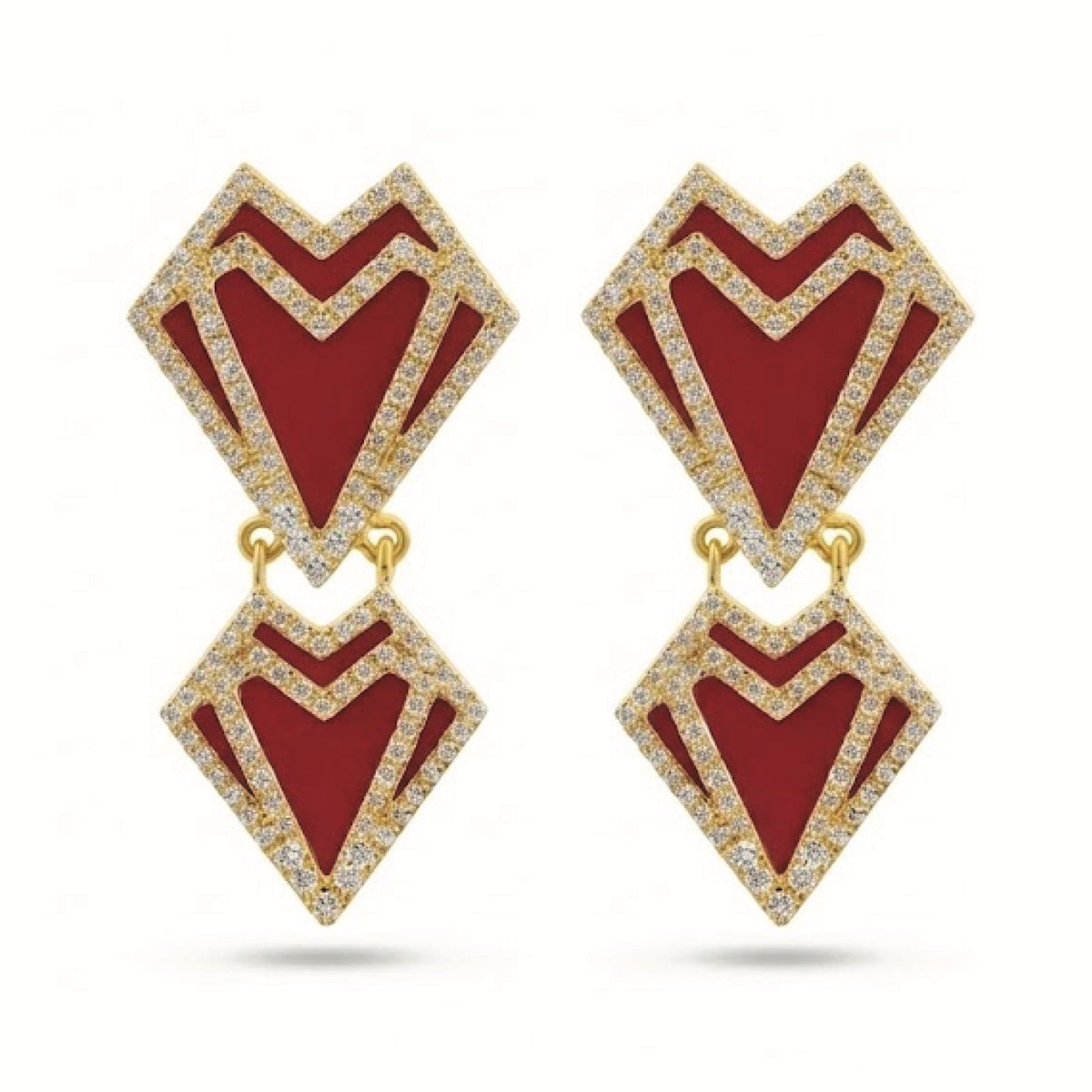 My Heart - Double Earrings - Coral - Yellow Gold - Charmaleena Jewellery - Diamond Jewellery - My Heart