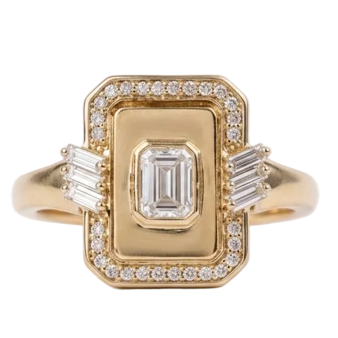 Gold ring with emerald-cut center stone and diamond accents on a white background