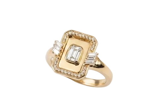 Gold ring with a diamond on a white background