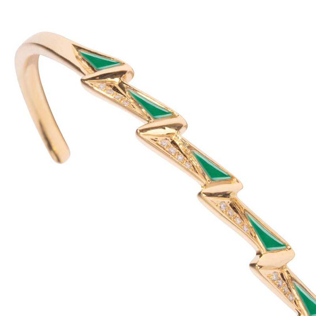 Energy Cuff Bracelet Green Agate Framed In Diamonds Yellow Gold