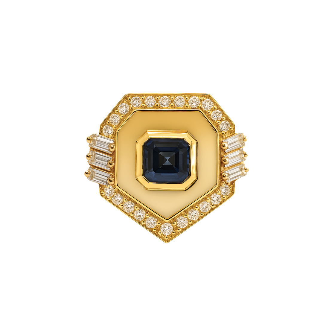 Golden - Geometric Ring -Sapphires- Paved- Yellow