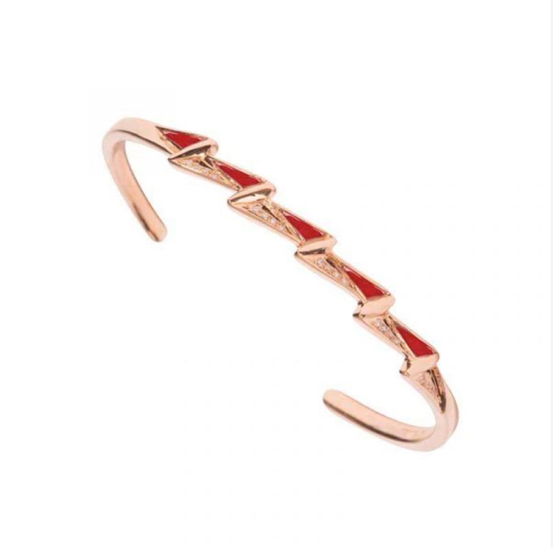 Energy Cuff Bracelet Red Agate Framed In Diamonds Rose Gold