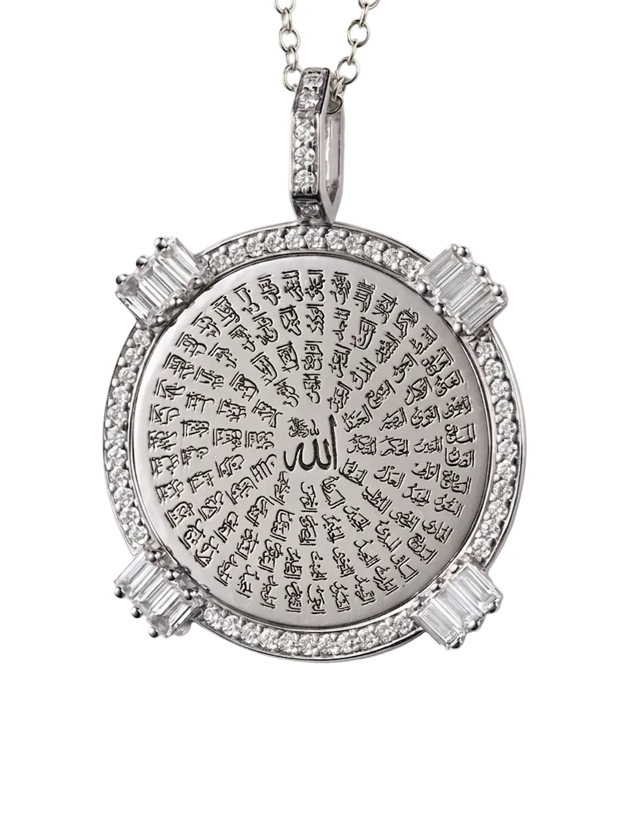 Golden - Round Pendant - 99 Names - Paved- White - Charmaleena Jewellery - Diamond Jewellery - Golden