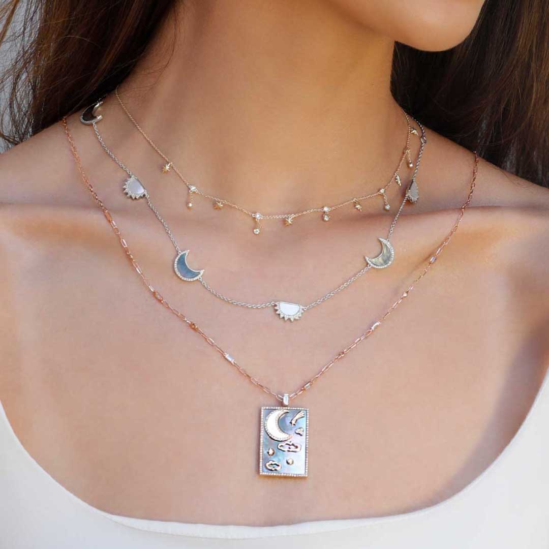 My Sky Sun & Moon Necklace, White & Grey Mother Of Pearl White Gold