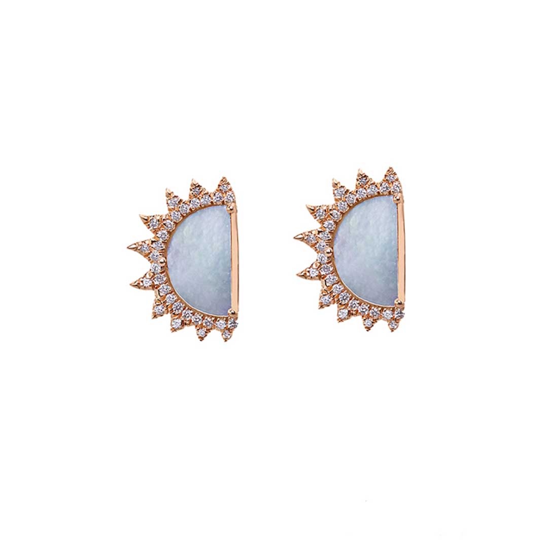 My Sky Sun Earrings , Pave  In Diamonds White Mother of Pearl Yellow Gold