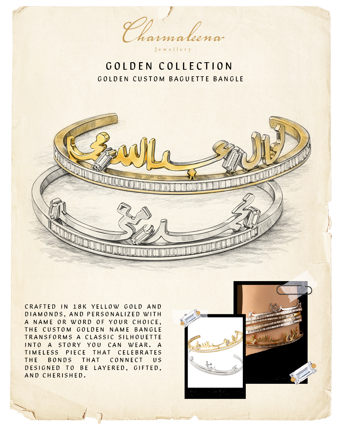 Golden- Custom Baguette Bangle - Yellow - Charmaleena Jewellery - Diamond Jewellery - Golden