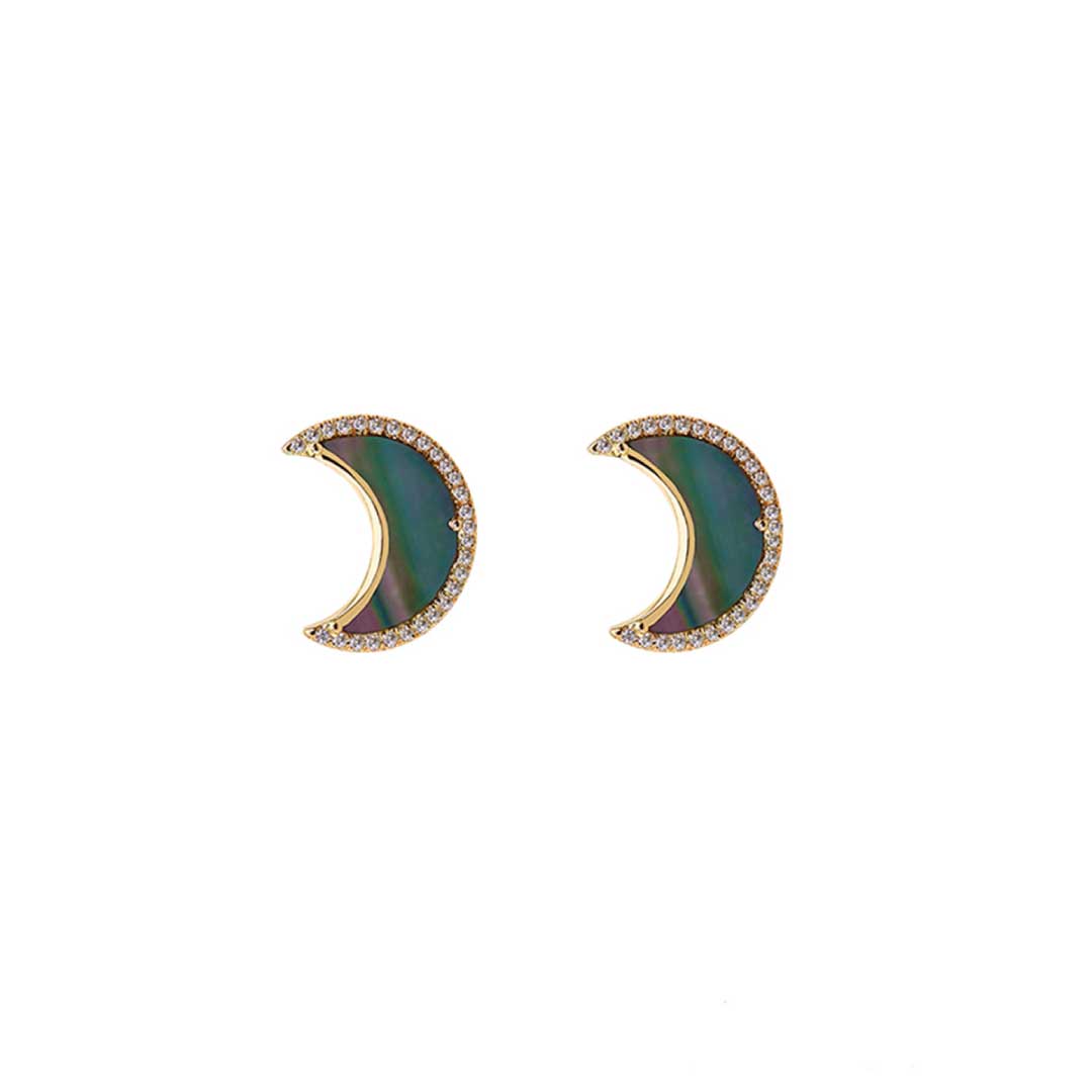 My Sky Moon Earrings , Pave  In Diamonds Grey Mother of Pearl Rose Gold