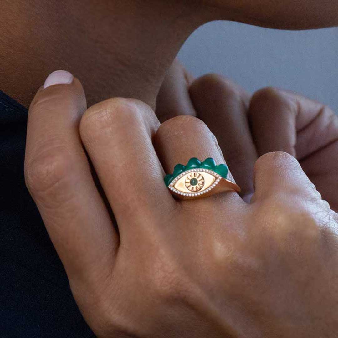 My Eyes Ring Aventurine Outlined In Diamonds Yellow Gold