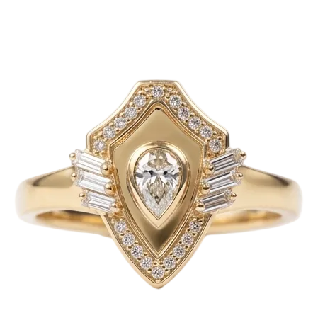 Golden -Shield Ring-Pear Cut Pave in diamonds -Yellow gold - Charmaleena Jewellery - Diamond Jewellery - Golden