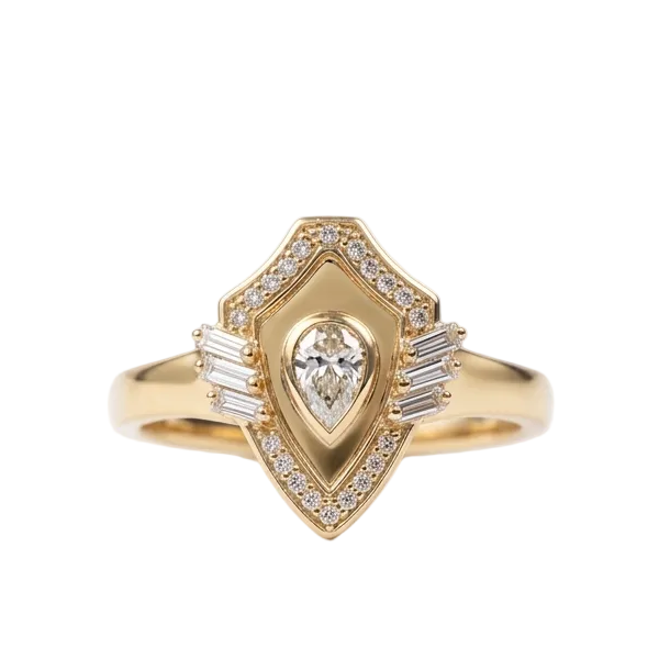 Golden -Shield Ring-Pear Cut Pave in diamonds -Yellow gold - Charmaleena Jewellery - Diamond Jewellery - Golden