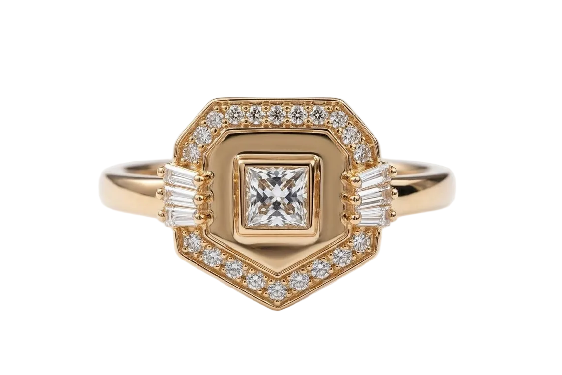 Golden - Hexagon Ring -Princess Cut pave in diamonds - Yellow Gold - Charmaleena Jewellery - Diamond Jewellery - Golden