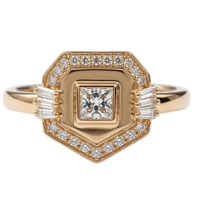 Golden - Hexagon Ring -Princess Cut pave in diamonds - Yellow Gold - Charmaleena Jewellery - Diamond Jewellery - Golden