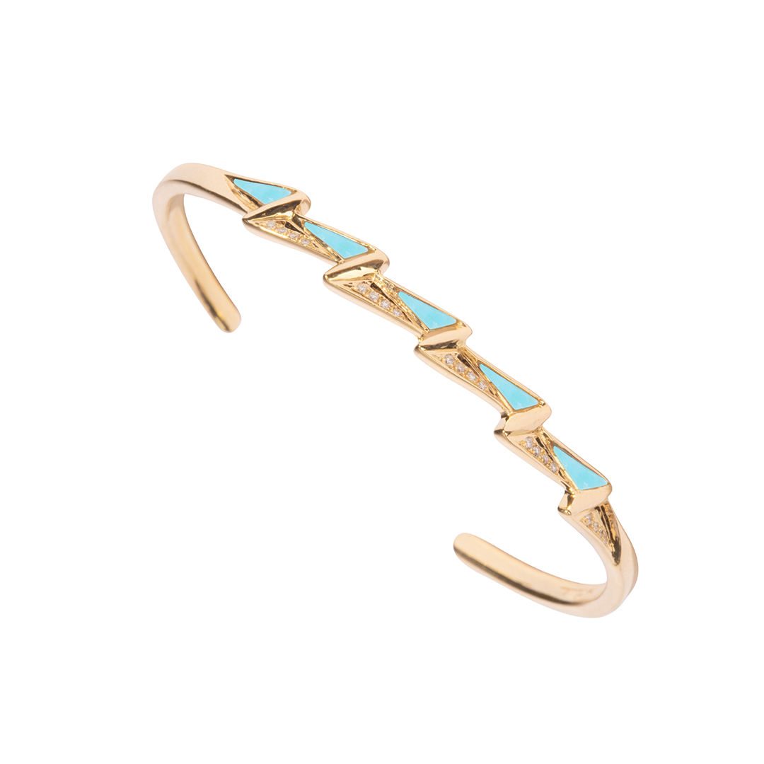 Energy Cuff Bracelet Turquoise Framed In Diamonds Yellow Gold