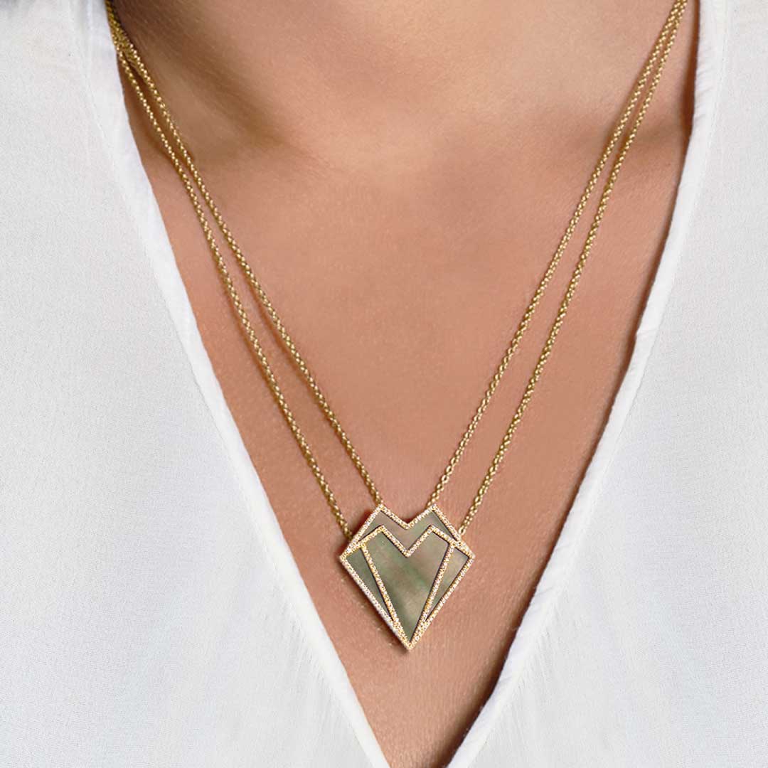 My Heart-Pandant-Pave Diamonds-Grey Mother of Pearl - Yellow Gold