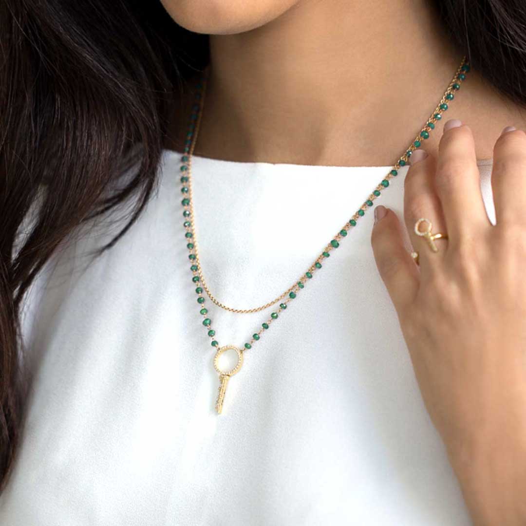 Key To My Heart Double Chain Necklace Emeralds Yellow Gold