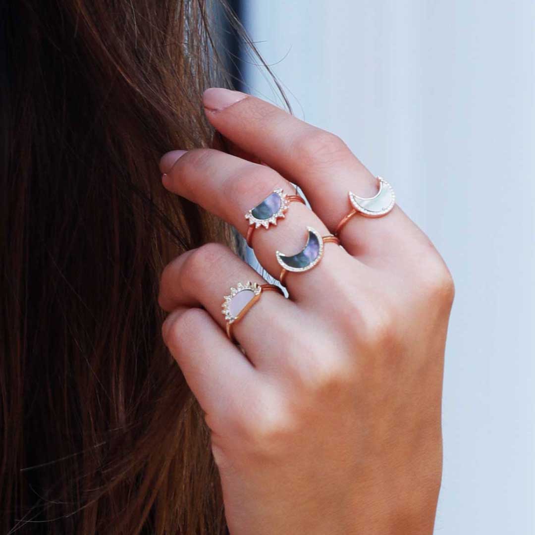 My Sky Moon Ring , Pave In Diamonds Grey Mother of Pearl Rose Gold