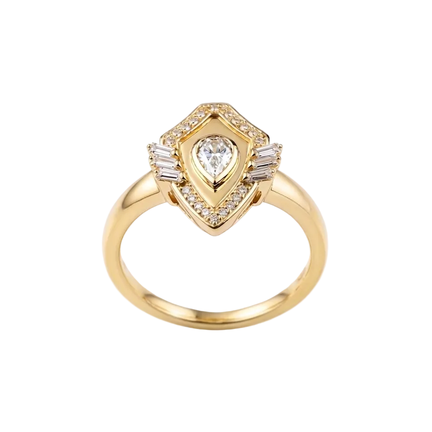 Golden -Shield Ring-Pear Cut Pave in diamonds -Yellow gold - Charmaleena Jewellery - Diamond Jewellery - Golden