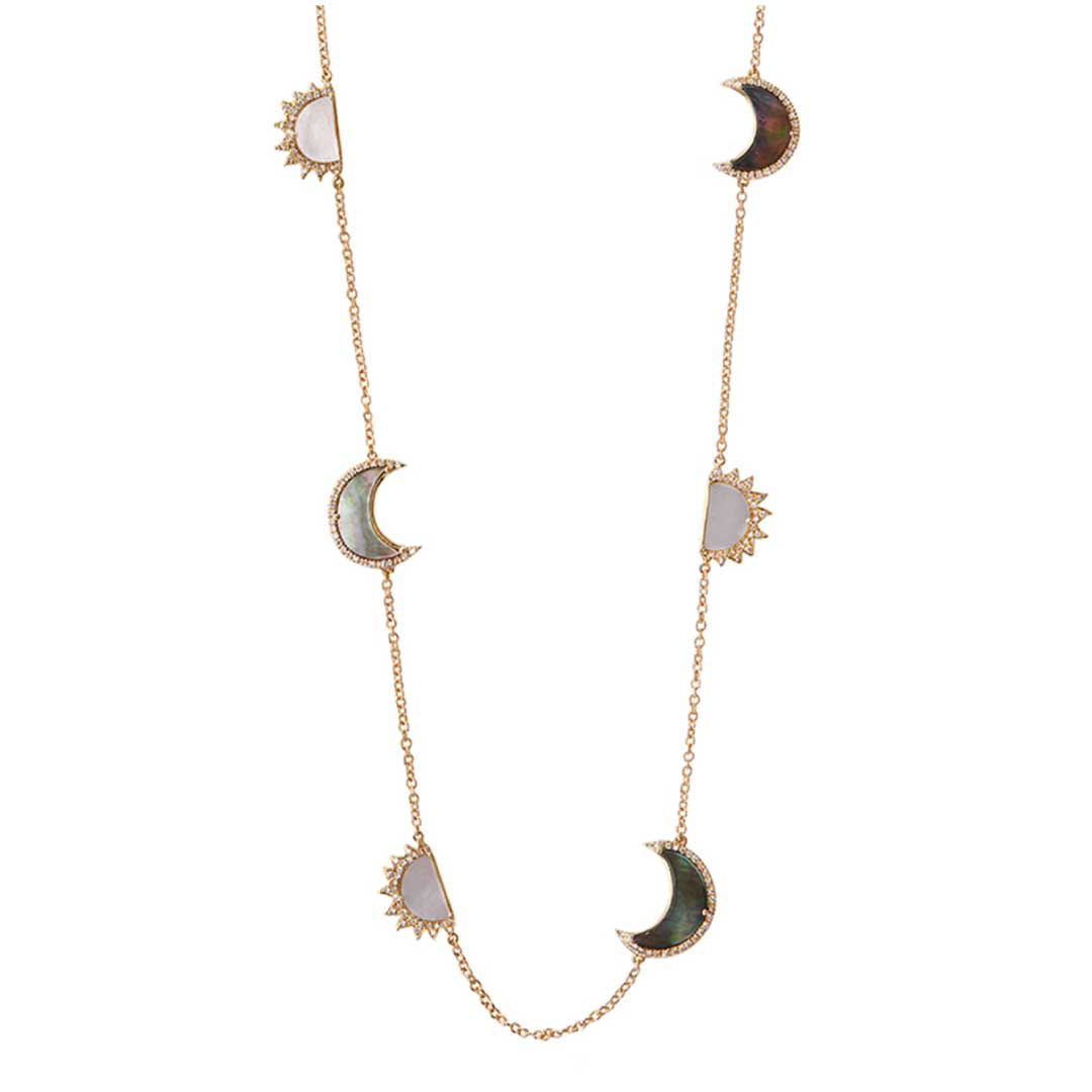 My Sky Sun & Moon Necklace, White & Grey Mother Of Pearl Yellow Gold