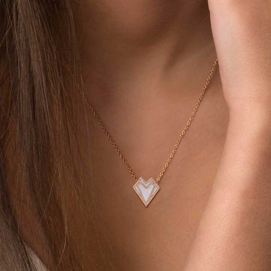 My Heart-Necklace-Outlined Diamonds-White Mother of Pearl - Yellow Gold