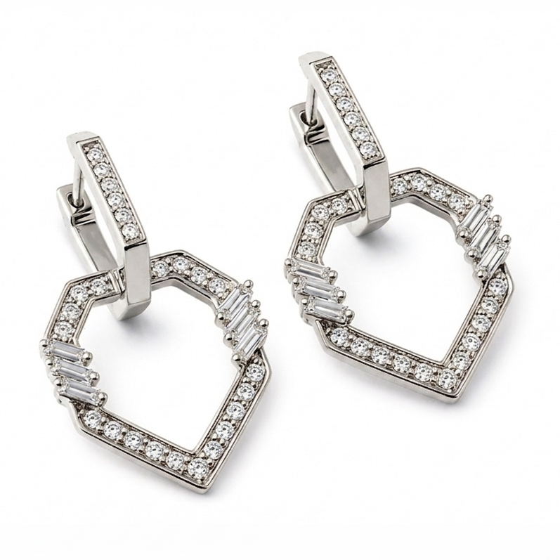 Golden Geometric -Hoop Earrings -Pave in Diamonds - White Gold