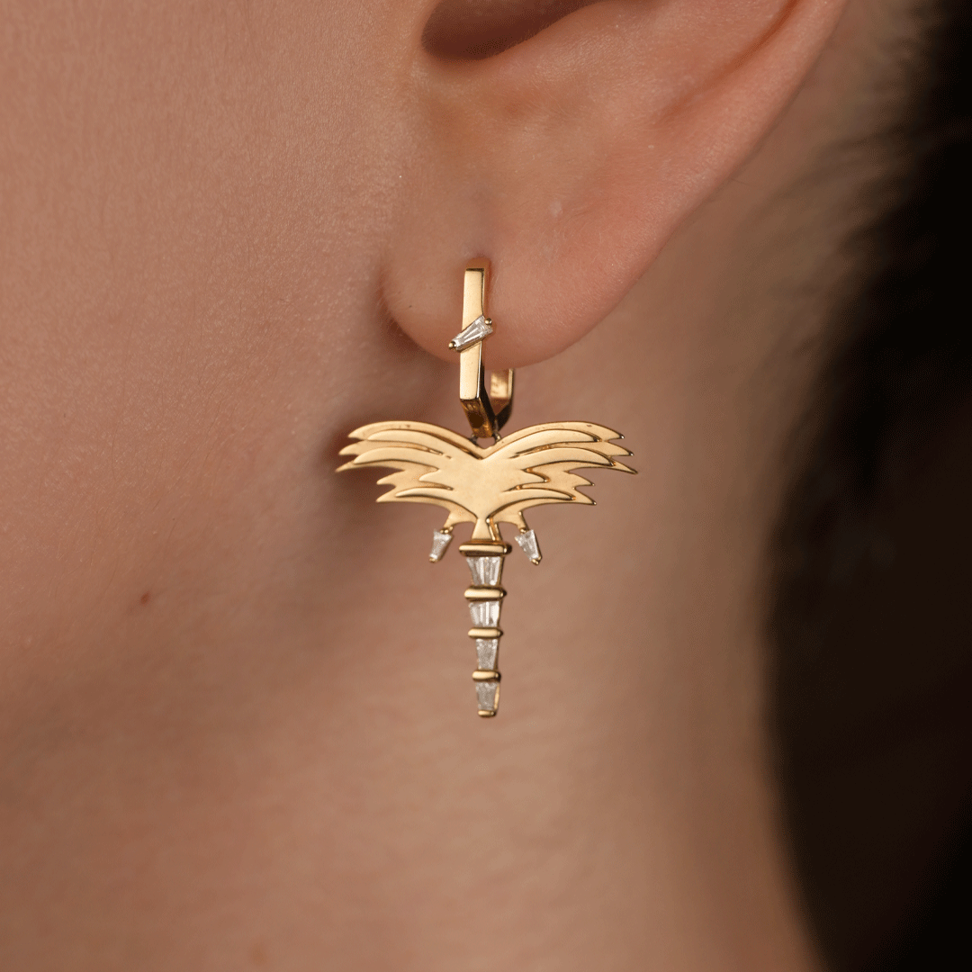Golden Palm Earrings -Pave in Diamonds -Yellow gold