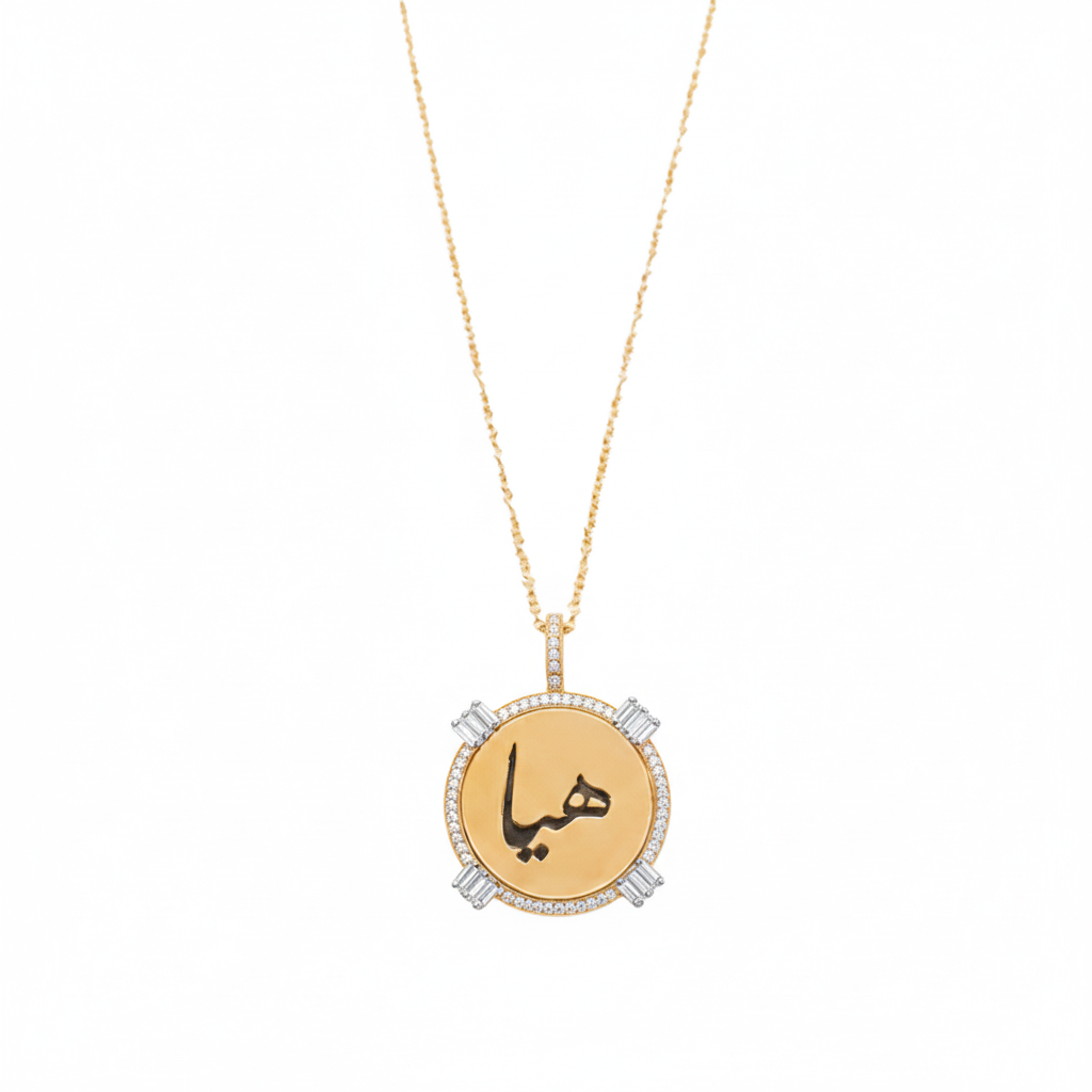 Golden - Round Pendant - Custom Name - Paved - Yellow - Charmaleena Jewellery - Diamond Jewellery - Golden